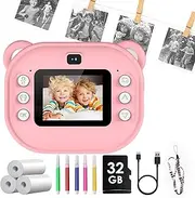 Instant Kids Camera, Digital Video Camera for Girls and Boys, 1080p Hd Screen Kids Camera with 32GB Card and 3 Rolls Photo Paper, One-Click Print Kids Toys Gifts, Selfie Childrens Camera Pink