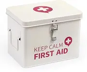 SoldSimple Keep Calm First Aid Medicine Organizer Storage Metal box with Lid, Latch Closure, Removable Tray and side handles, Vintage Empty Box for Home, 9" x 6.3" x 6.5", Milky White