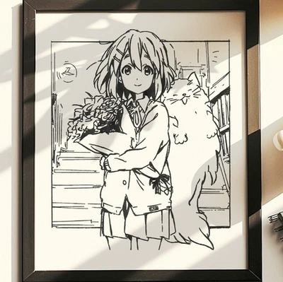 Hand Drawn (Not a Print) K-ON Yui Hirasawa Framed Pen and Ink Art Drawing Anime