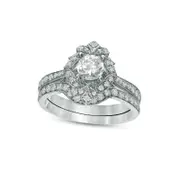 1.0 CT. T.W. Natural Diamond Ornate Frame Antique Vintage-Style Bridal Engagement Ring Set in Solid 14K White Gold