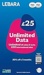 Lebara SIM Card, Unlimted Data SIM for £12.50, Half Price for First 3 Months, No Contract, UK Calls, UK Texts and International Calls Included, Multi-size, Fits All Devices