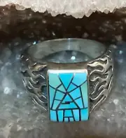 Native American Jewelry. Handcrafted Navajo Turquoise Inlay Ring.