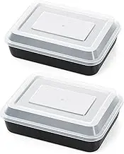 P&P CHEF 9.4 Inch Toaster Oven Pan with Lid (2 Pans & 2 Lids), 4Pcs Nonstick Lasagna Pan Rectangular Cake Baking Tray for Roasting Storing, Stainless Steel Core & Plastic Cover, Oven & Freezer Safe
