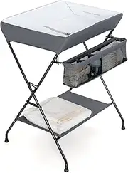 BABY JOY Baby Portable Changing Table, Folding Diaper Station w/ 3-Compartment Storage Rack, Shelf, Safety Belt & Waterproof Cloth for Infant Newborn (Grey)