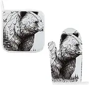 2 Pack Set Oven Mitts Pot Holders for Kitchen Heat Resistant Pot Holders Set Wildlife Hand Drawn Bear Animal Cooking Oven Glove with Cotton Lining Non-Slip Extra Thick Oven Mitts
