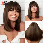 Brown Blonde Bob SyntheticWig Shoulder Length Straight Wig With Bangs WomenDaily