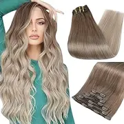 Full Shine Blonde Clip in Hair Extensions Clip in Human Hair Color 8 Ash Brown Fading to 18 Ash Blonde and 60 Platinum Blonde 7 Pcs Double Weft Clip in Hair Human Hair Clip ins 80Gram 12 Inch