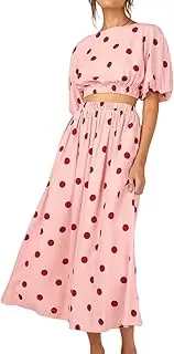 [SHINsuke] Women Summer 2 Piece Dress Tops Skirt Outfit, Pink Casual Polka Dots Spring Puff Sleeve Blouses Long A Line Swing Dress Suits