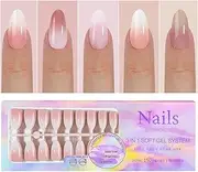 French Gel Nail Tips -150Pcs French Tip Press on Nails Pink Medium Almond 3 in 1 X-coat Tips Pre-applied Base Coat, No Need to File Fake Nails for Nail Art DIY 15 Sizes (Gradient color, Almond)
