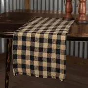 48" Table Runner Black Tan Check Cotton Burlap Rustic Country Farmhouse Fringed