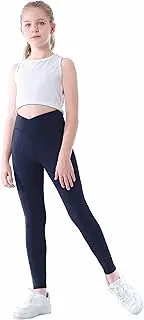 [kowlion] Girls V Cross Waisted Yoga Pants UPF 50+ Buttery Soft Leggings with Pockets Youth Althletic Dance Running Tight Joggers 8+