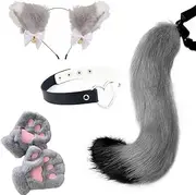 Cats Costume Set Cats Ear Headbands Tail Cats Paw Glove Leather Neck Chocker Set Halloween Animal Cosplays Accessories (Grey)
