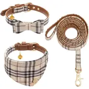 Plaid Dog Collar and Leash Set - Cute Bow Tie & Bandana Tie Adjustable Leather Small Dog Collar with Bell,3pcs/set