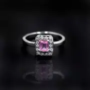 Natural Emerald Cut Pink Sapphire and White Topaz 925 Sterling Silver Ring q013