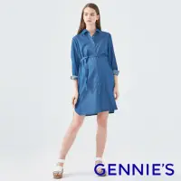 在飛比找momo購物網優惠-【Gennies 奇妮】牛仔綁帶襯衫外套-深藍(孕婦裝 襯衫