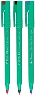 Pentel R50 Rollerball Pen Fine 0.8mm Padded Tip 0.4mm Line Width 77% Recycled - 1 of Each Colour - Black, Blue, Red (Pack of 3)