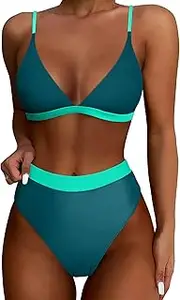 [Jolefille] High Waisted Bikini Set for Women Two Piece Tummy Control Bathing Suit V Neck Triangle Swimsuit Color Block