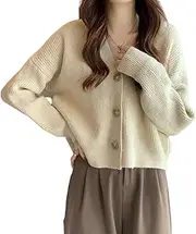 XUGYAO Ladies Cardigan V-Neck Loose Slouchy Knitwear Long Sleeve Sweater Cardigan Women's Top Coat Apricot