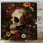 YSATNSFT Skull Floral Shower Curtain Spooky Halloween Gothic Skeleton Vintage Black Boho Florwer Fabric Bathroom Decor Set with Hooks,(70" WX70 H)