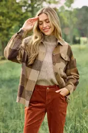 Cupshe Brown Plaid Collared Button Up Shacket - Brown,XL