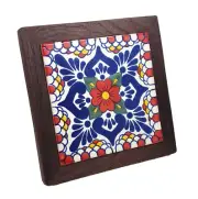 Talavera Hand Painted Tile Trivet Red Escamilla Rojo Framed in Walnut 8" x 8"