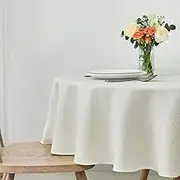 maxmill Round Weaved Texture Design Tablecloth Spill-Proof Wrinkle Free Soft Washable Table Cloth for Circular Table Cover, for Dining Room Buffet Banquet Parties Holiday Dinner, 90 Inch Ivory