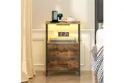 Advwin LED Bedside Table 2 Fabric Drawers 60cm Rustic Brown