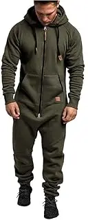 [YTFZ] Onesie Men Jumpsuit Sleeping Clothes Zipped Up Men One Pieces Hooded Jum Psuit Solid Long Sleeve Winter Warm Adult Onesie Army Green