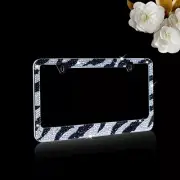 Premium White/Black ZEBRA Designed Crystal License Plate Frame+Caps