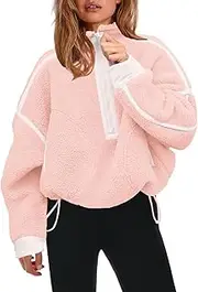 [HieoAnir] Womens Half Zip Sherpa Fleece Pullover Soft Oversized Sweatshirt with Pockets Warm Fuzzy Sweater