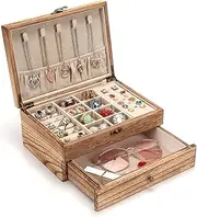 Pinzoveco Jewelry Box for Women, Rustic Wooden Jewelry Organizer Box for Storage Earrings Rings Necklace Bracelet, Farmhouse Style Wood Jewelry Boxes & Organizers (Torched Wood Color)