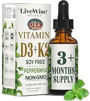 Live Wise Naturals Vitamin D3 with K2 Liquid Drops, All Natural, Non GMO, 1208IU D3 and 25mcg K2 (MK7) Per Serving, Strengthen Bones, Boost Immune System and Energy Levels, with or Without Peppermint Oil