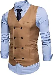 [Kiioouu] Men's Double Breasted Gentlemen's Formal Casual Tank Top Vest Coat