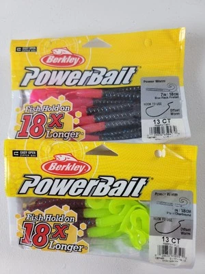 2x NEW Berkley PowerBait Power Worm 7" Blue Firetail/Chart Bait 13 Pack X2
