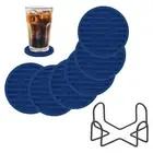 6 Pcs Round Drink Coasters with Holder, 4" Silicone Coaster, Navy Blue(Stripes)