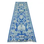 3'x9'7" Bayern Blue All Wool Afghan Angora Oushak Hand Knotted Runner Rug G89880