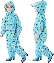 [YIQAUMA] Boys Girls Toddler Rainsuit Kids Waterproof Coverall Cartoon Rain Suit One Piece Rain Coat, Light Blue, 3-4 Years
