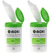 2x Moki Screen Wet Wipes Clean Bottle 50 Pack - TV/Monitor/Tablet/Phone LCD/LED