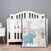 YJM Jungle Animals Crib Bedding Set for Baby Boys, Brown Crib Set, 4 PCS Nursery Bedding Set with Crib Quilt/Sheet/Dust Ruffle/Pillowcase