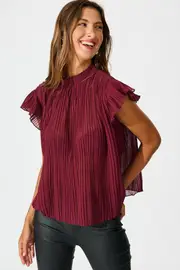 Women's Party Vada Top Cap Sleeve in Red Wine Pleated Chiffon 8