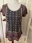 NWT Lucky Brand Placed Printed Cotton Blend Mauve/Blue Short-Sleeve Top Small