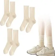 [KkvoGmle] 3 Pairs Slouch Socks for Women, Beige Cotton Breathable Socks Knit Aesthetic Crew Socks Long Tube Socks for Sports, Leisure and Parties, Beige, One size