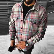Men's Plaid Geometric Pattern Shirt Jacket Overshirt Long Sleeve Fashion Going out Weekend Fall Winter Turndown Print Pink Blue Sky Blue Vivid Pink Orange