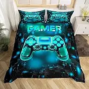 3 Pieces Watercolor Blue Game Duvet Cover Not Comforter,Neon Gamepad Kids Boys Gamer Bedroom Gift Bedding Set,Geometry Grids Square Modern Style All Season Bedding Twin Size