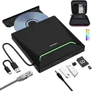 New External CD DVD Drive, Cool DVD Burner USB 3.0 with Ethernet Adapter, 3 USB and 2 TF/SD Card Ports, CD DVD Player Reader Writer Optical Disc Drive for Laptop PC Windows Mac with Carrying Case