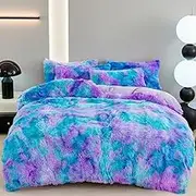 Faux Fur Duvet Covers Full Size Blue Purple Tie-dye Comforter Bedding Cover Set for Girls 3 Pcs Fluffy Colorful Ombre Plush Shaggy Bed Sets for Teens Women (Blue Purple,Full)