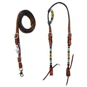 western Leather Equestrian Tooled Beaded Headstall,Breast Collar & Reins. (H068)