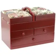 Wood Sewing Box Basket Storage Caddy with tapestry padded lid, 2x3 Tiers - Red