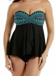 Miraclesuit Gypsy Cadiz Women's Bandeau Halter Tankini Top Teal Black Swim Top
