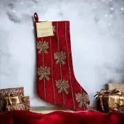 Christian Siriano Luxury Red Gold Beaded Bows 22" Christmas Stocking NEW